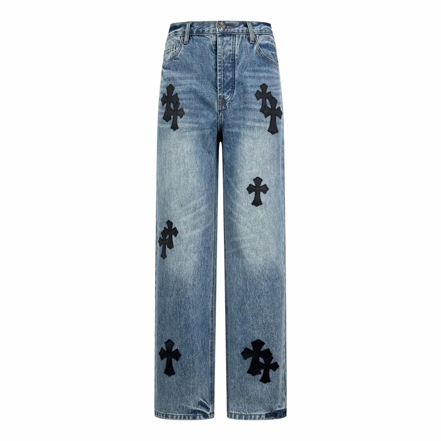 P660 Chrome Hearts Cross Logo Jeans Customized textured cotton denim with dark bamboo rhyme. Fine texture, comfortable and close to the skin. Mist indigo. A denim poem dyed with time. The black leather cross patch is used as the anchor. Every inch of touch hides untamed wildness. The right-angled outline of the cross conveys rebellion, forming a large-scale chaos. The kraft paper and pocket logo plate at the rear waistband sway slightly with the swing of the body. It adds a dynamic and vitality, interprets the perfect blend of retro and luxury, and makes the pants an attitude statement when worn. Process 1: Prioritize the customization of 1:1 original denim material, stir-fry snowballs, stir-fry salt, and prepare a special corresponding solution. Add a certain amount of dye, soak the denim material in it to absorb the solvent, and then scrub and dry it to further fade and oxidize. Process 2: Use fried sand hand-rubbing technology to cause natural fading and wear on the surface of the denim material by processing it on a sand frying machine. Then use special tools to physically damage the surface of the jeans by hand, maintaining the original texture and details while adding to their uniqueness. Process 3: Combining the rubbing and wrinkling whisker technology and the gun-drawing whisker technique. Prioritize manual rubbing in specific areas to achieve a natural wrinkle effect, and then use specific tools to draw the whisker-shaped texture to achieve a full visual effect. Process 4: Use the rotten edge hanging technology on the holes to achieve the natural rotten edge effect by rubbing the edges with physical abrasion. Combining high-temperature steam and sandpaper. Remove fiber hairiness and color difference to give jeans a unique hole and wear effect. Accessories: Customized 1:1 CH Nipple nails Customized 1:1 CH Shake your head buckle Customized 1:1 CH Big cross buckle Customized 1:1 CH genuine leather cross Customized 1:1 CH Kraft paper label Customized 1:1 CH Iron plate Customized 1:1 CH trademark Version: Loose version Size: 28 30 32 34 Style number: CC901